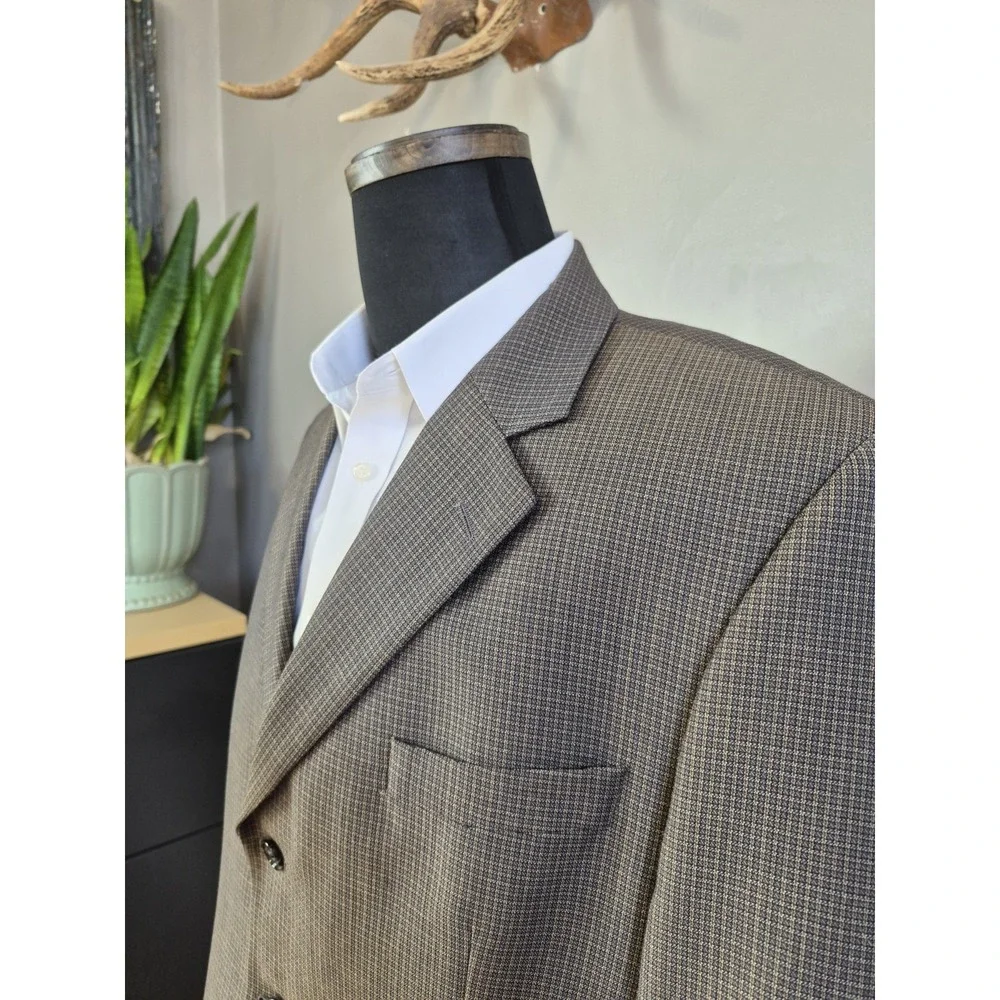 Prima Mens Wool Sports Coat 44R Blue Brown Check Made in Canada 3 Button H806
